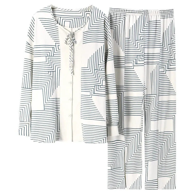 Autumn Women's Pajamas Set High Quality Bohemian Stripes Print Sleepwear V Neck Cotton Homewear Nightwear Pyjamas Femme
