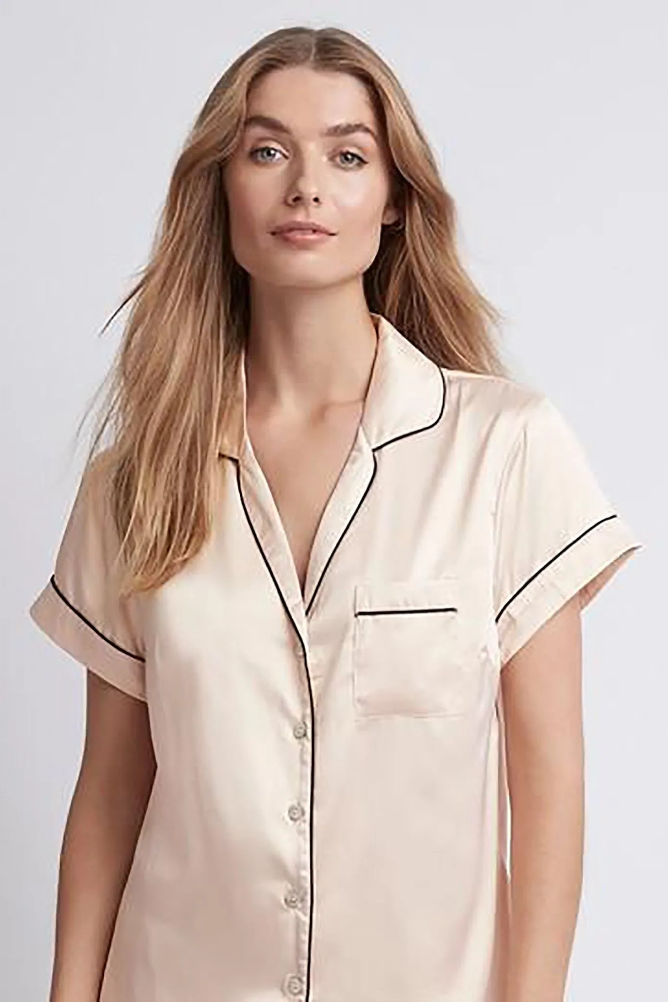 Classic Grace Short Pyjama Set - Blush with Black Piping