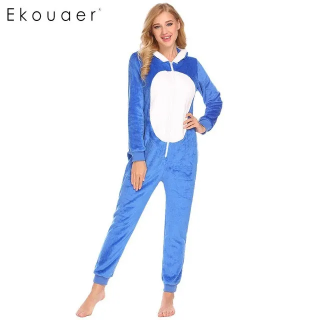 Ekouaer Women Hooded Onesies Pajamas Long Winter Pyjama Long Sleeve Patchwork Fluff Ball Hood All in One Home Sleepwear