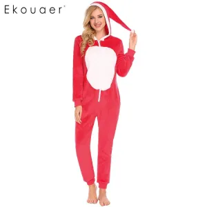 Ekouaer Women Hooded Onesies Pajamas Long Winter Pyjama Long Sleeve Patchwork Fluff Ball Hood All in One Home Sleepwear