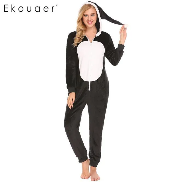 Ekouaer Women Hooded Onesies Pajamas Long Winter Pyjama Long Sleeve Patchwork Fluff Ball Hood All in One Home Sleepwear