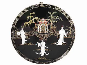 Hand-Painted 91cm Black Lacquered Oriental Chinese Wall Art with Mother of Pearl Accents