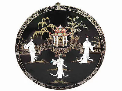 Hand-Painted 91cm Black Lacquered Oriental Chinese Wall Art with Mother of Pearl Accents