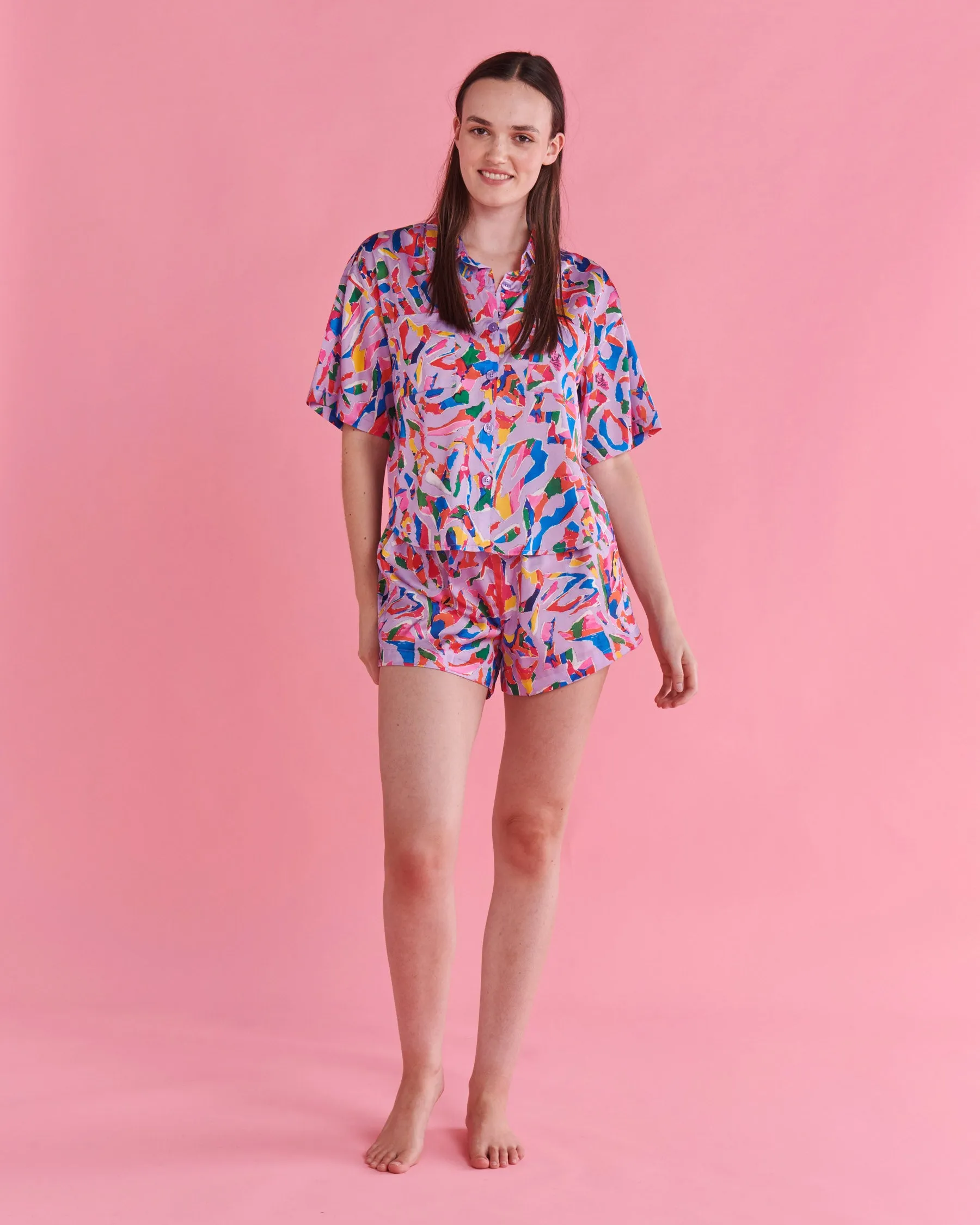 Kip & Co x Jenny Kee Opal Oz Pax Lilac Satin Short Sleeve Shirt & Short Pyjama Set