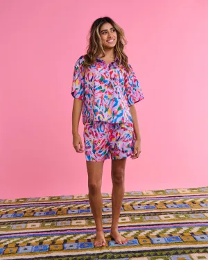 Kip & Co x Jenny Kee Opal Oz Pax Lilac Satin Short Sleeve Shirt & Short Pyjama Set