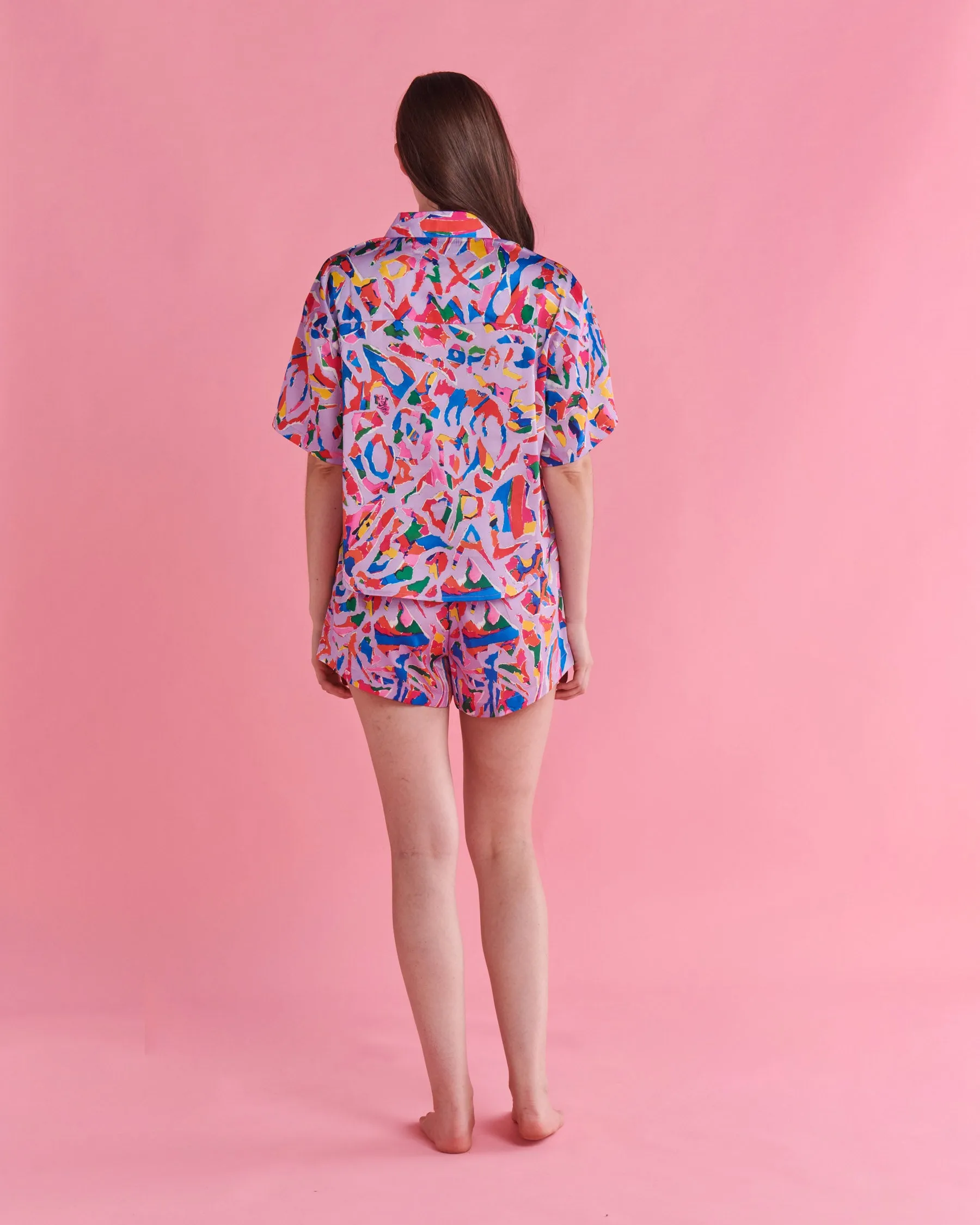Kip & Co x Jenny Kee Opal Oz Pax Lilac Satin Short Sleeve Shirt & Short Pyjama Set
