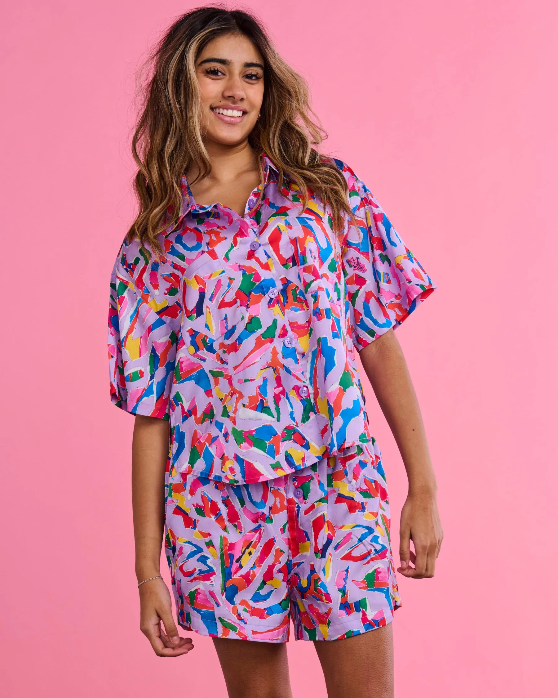 Kip & Co x Jenny Kee Opal Oz Pax Lilac Satin Short Sleeve Shirt & Short Pyjama Set