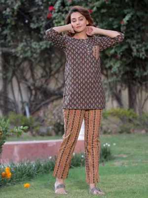 Olive Ethnic Print Straight Cotton Sleepwear