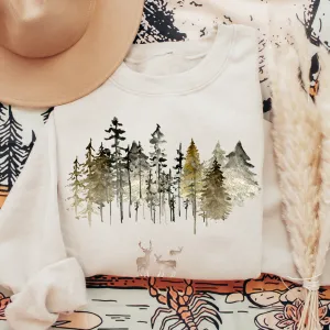 Outdoor Adventure Watercolor Forest and Deer Landscape Unisex Crewneck Pullover White Ash or Sand Gift For Her Gift for Him
