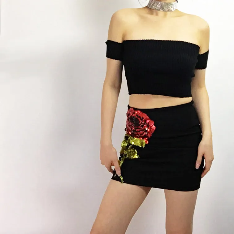 SEQUINS ROSE SKIRT WITH INNER SHORTS