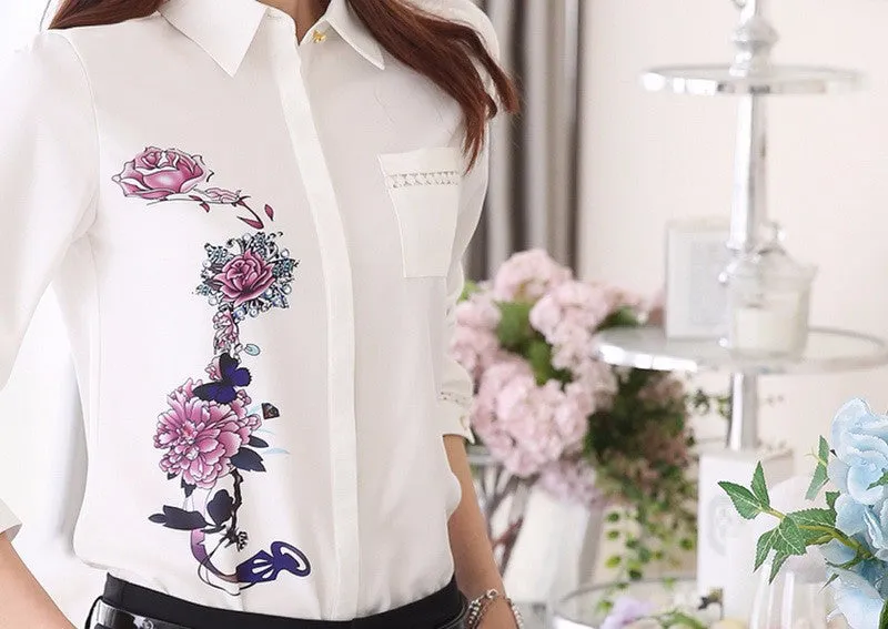 TLZC Vintage 2017 Office Lady Shirts Flower Pattern Fashion Women Blouse Size S-3XL Turn Down Collar Sweet Lady White Shirts