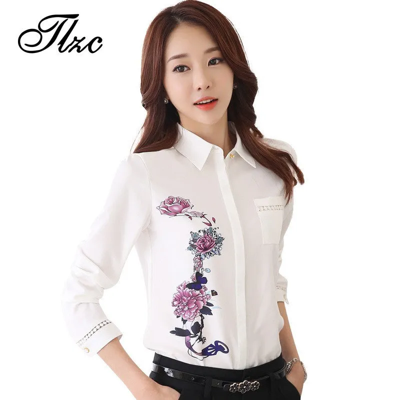 TLZC Vintage 2017 Office Lady Shirts Flower Pattern Fashion Women Blouse Size S-3XL Turn Down Collar Sweet Lady White Shirts