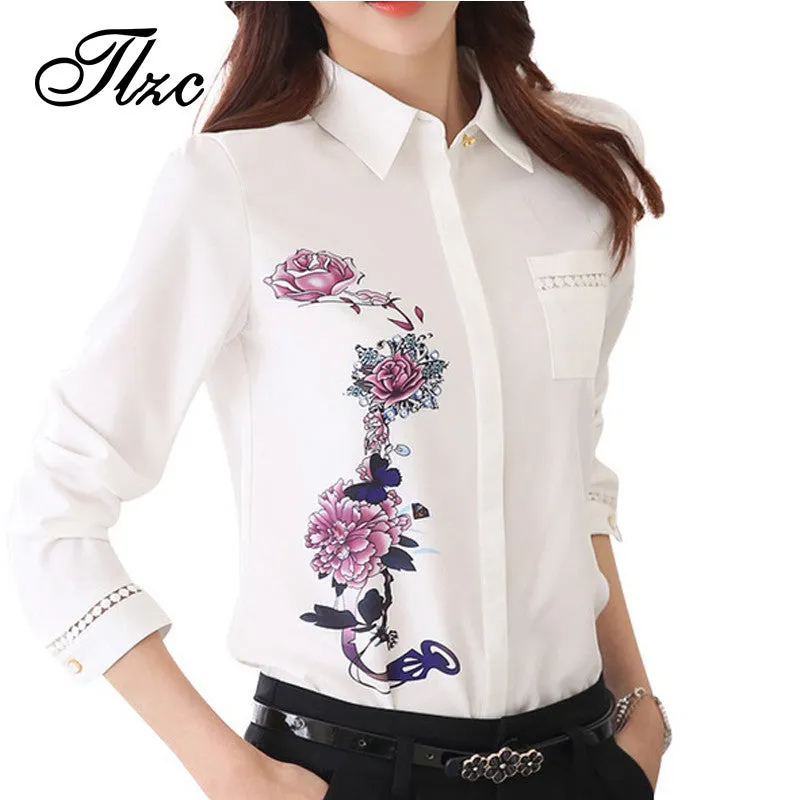 TLZC Vintage 2017 Office Lady Shirts Flower Pattern Fashion Women Blouse Size S-3XL Turn Down Collar Sweet Lady White Shirts