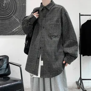WIAOFELLAS -  Men's Long Sleeves Thickened Fabric Shirts Lattice Printing Coats Fashion Trend Shirts Blue/greyblack Camisa Masculina