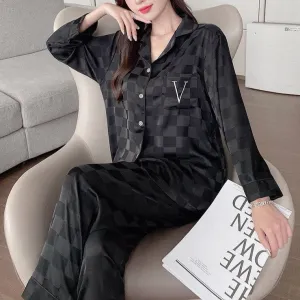 Women's Pajamas Fashion Luxury Letter Jacquard Lattice Sleepwear Silk Like Nightwear V-neck Homewear Pyjamas Femme