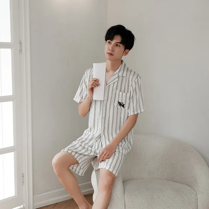 Women's Pajamas Set Luxury Fashion Stripes Sleepwear Couple Nightwear Silk Like Female Male Home Clothes Suit for Men
