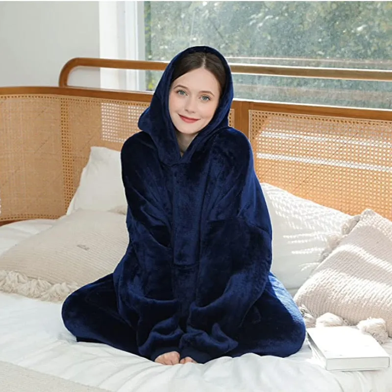 Women's Pajamas Warm Flannel Hoodie Thick TV Blanket Robe Sleepwear Oversize Casual Homewear Nightwear Femme for Winter